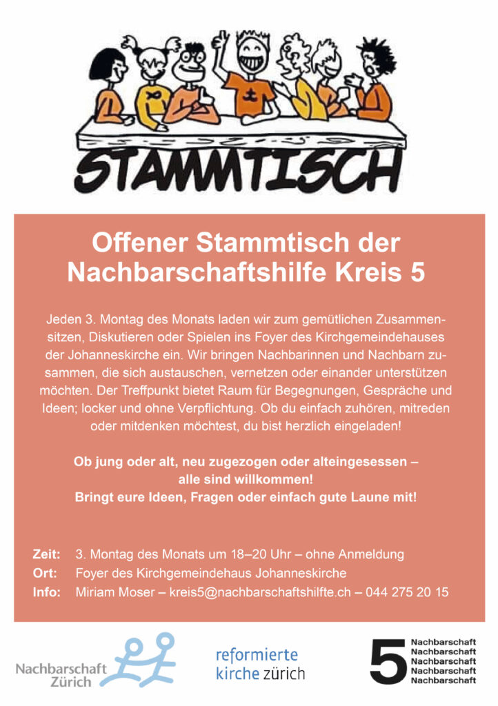 Offener Stammtisch der Nachbarschaftshile Kries 5, jeder 3. Montag im Monat um 18 Uhr